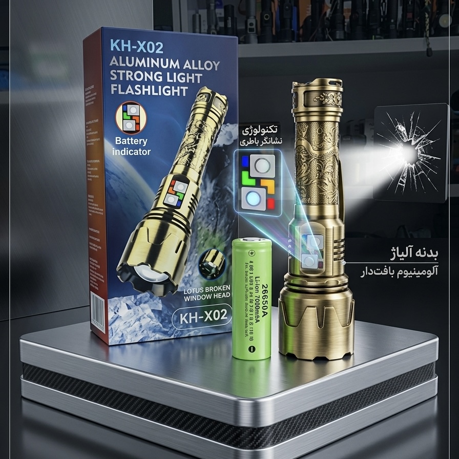 چراغ قوه قدرتمند و پاوربانک شارژی کزو KEZU ،(اصلی) مدل KH-X02 با برد ۵۰۰ متر و باتری ۷۲۰۰ میلی‌آمپر