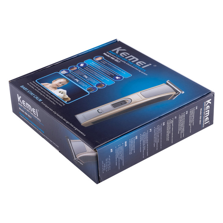 ماشین اصلاح سر و صورت کیمی مدل KM-5017 با تیغه استیل ضد زنگ، 4 شانه قابل تنظیم، طراحی ارگونومیک، باتری 600 میلیآمپر ساعت با شارژ USB و قابلیت شستوشو