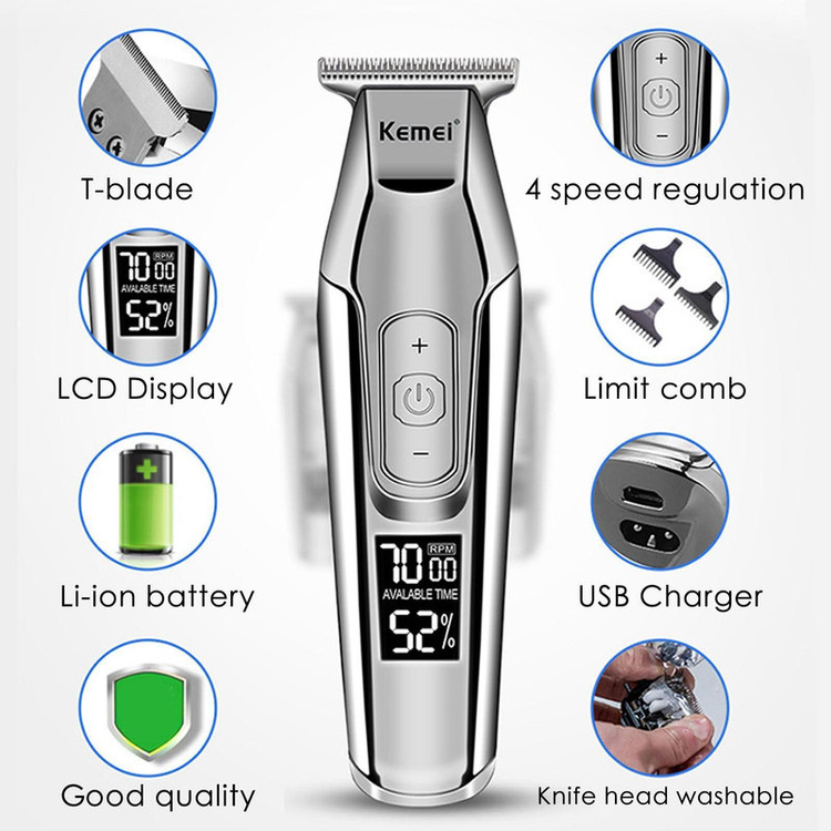 ماشین اصلاح موی سر و صورت کیمی مدل KM-5027 Professional با تیغه تیتانیوم پیشرفته، باتری لیتیوم یون 1400 میلیآمپر، شارژ تایپسی، طراحی ارگونومیک و قابلیت استفاده خشک و مرطوب