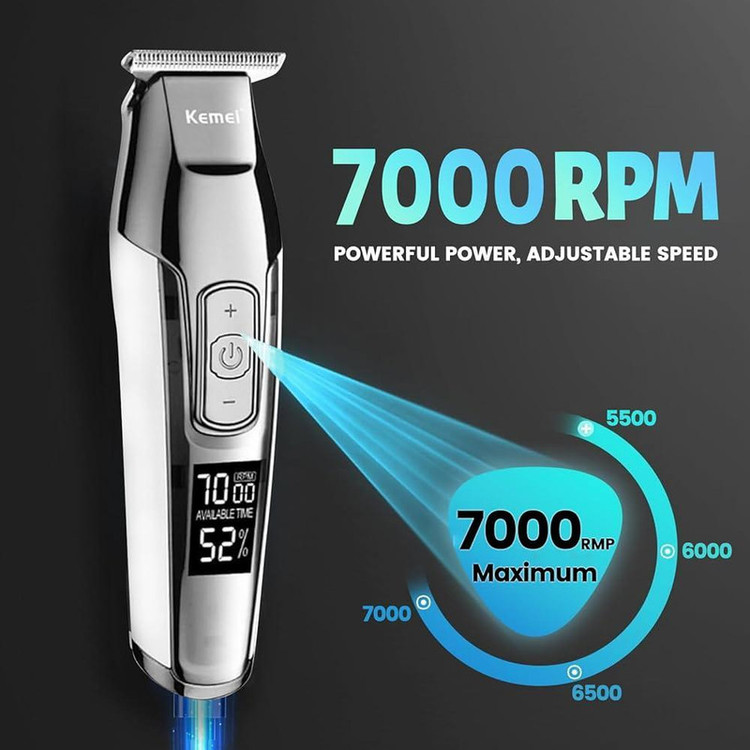 ماشین اصلاح موی سر و صورت کیمی مدل KM-5027 Professional با تیغه تیتانیوم پیشرفته، باتری لیتیوم یون 1400 میلیآمپر، شارژ تایپسی، طراحی ارگونومیک و قابلیت استفاده خشک و مرطوب