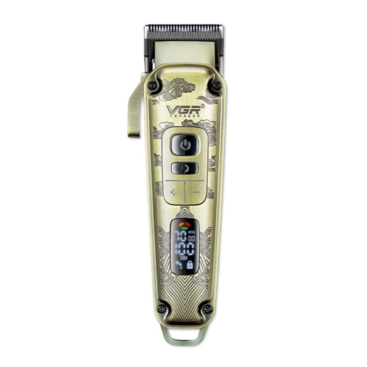 ماشین اصلاح موی سر و صورت وی جی آر (اصل) VGR مدل V-005 با تیغه کربن استیل و متالوژیک پودری، باتری لیتیومی 2600 میلیآمپر، نمایشگر LED، قابلیت تنظیم سرعت و 8 شانه اندازهگیری از 1.5 تا 19 میلیمتر، مدت استفاده 250 دقیقه پس از شارژ کامل