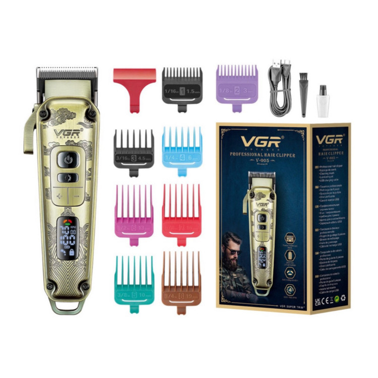 ماشین اصلاح موی سر و صورت وی جی آر (اصل) VGR مدل V-005 با تیغه کربن استیل و متالوژیک پودری، باتری لیتیومی 2600 میلیآمپر، نمایشگر LED، قابلیت تنظیم سرعت و 8 شانه اندازهگیری از 1.5 تا 19 میلیمتر، مدت استفاده 250 دقیقه پس از شارژ کامل