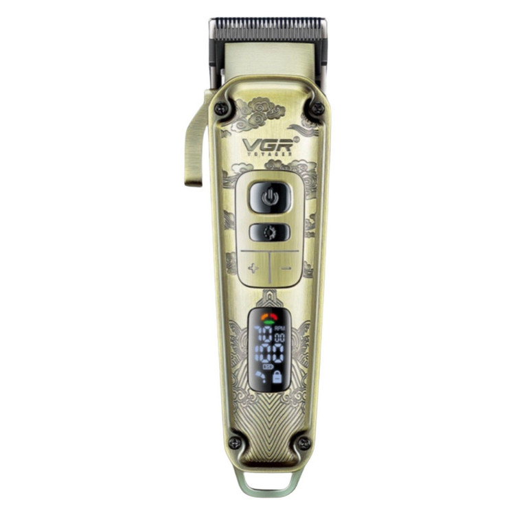 ماشین اصلاح موی سر و صورت وی جی آر (اصل) VGR مدل V-005 با تیغه کربن استیل و متالوژیک پودری، باتری لیتیومی 2600 میلیآمپر، نمایشگر LED، قابلیت تنظیم سرعت و 8 شانه اندازهگیری از 1.5 تا 19 میلیمتر، مدت استفاده 250 دقیقه پس از شارژ کامل