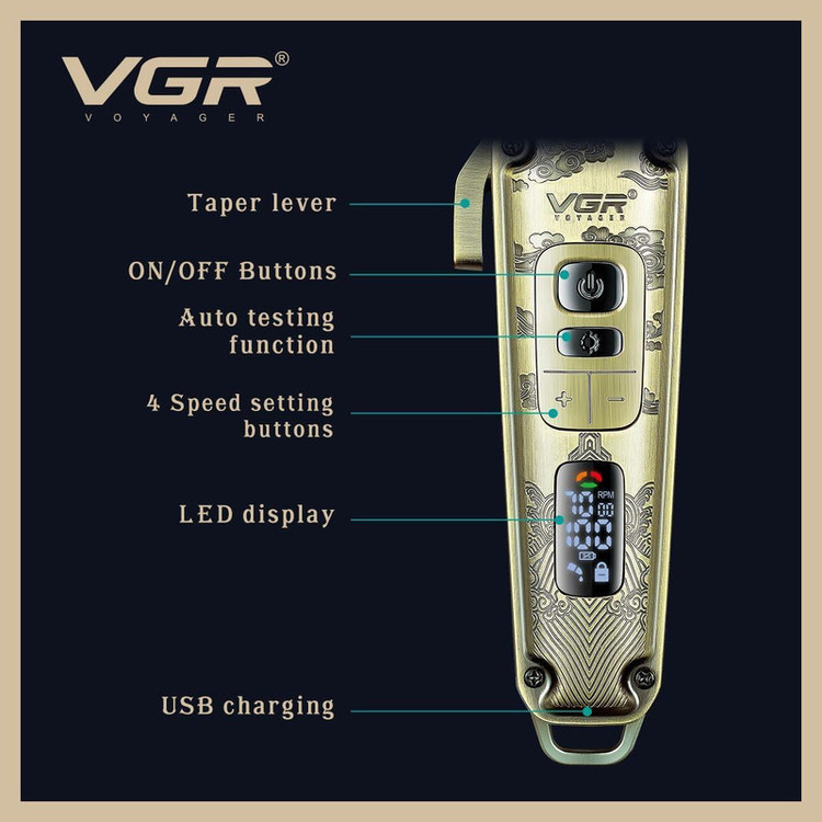 ماشین اصلاح موی سر و صورت وی جی آر (اصل) VGR مدل V-005 با تیغه کربن استیل و متالوژیک پودری، باتری لیتیومی 2600 میلیآمپر، نمایشگر LED، قابلیت تنظیم سرعت و 8 شانه اندازهگیری از 1.5 تا 19 میلیمتر، مدت استفاده 250 دقیقه پس از شارژ کامل