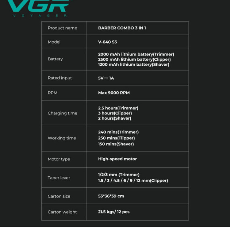ست کامل ماشین اصلاح موی سر و صورت شارژی پک کامل وی جی ار مدل V-640 s3 مجموعه 3 عددی