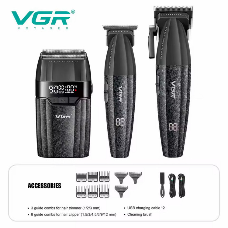 ست کامل ماشین اصلاح موی سر و صورت شارژی پک کامل وی جی ار مدل V-640 s3 مجموعه 3 عددی