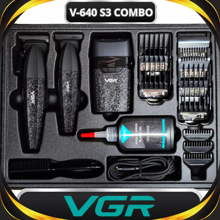 ست کامل ماشین اصلاح موی سر و صورت شارژی پک کامل وی جی ار مدل V-640 s3 مجموعه 3 عددی