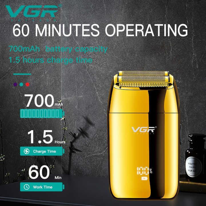 ماشین اصلاح موی صورت وی جی آر (اصل) VGR مدل V-399 با تیغه استیل پیشرفته، تکنولوژی شیو فویلی، باتری لیتیوم یونی 700mAh، استفاده خشک و مرطوب، شارژ سریع 180 دقیقه، عمر باتری 200 دقیقه، مقاوم در برابر آب و سبک