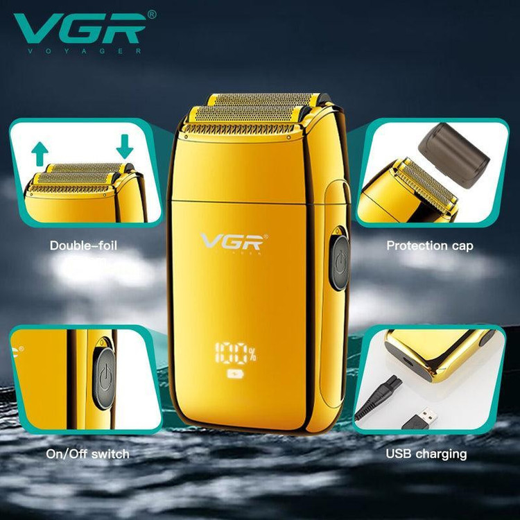 ماشین اصلاح موی صورت وی جی آر (اصل) VGR مدل V-399 با تیغه استیل پیشرفته، تکنولوژی شیو فویلی، باتری لیتیوم یونی 700mAh، استفاده خشک و مرطوب، شارژ سریع 180 دقیقه، عمر باتری 200 دقیقه، مقاوم در برابر آب و سبک
