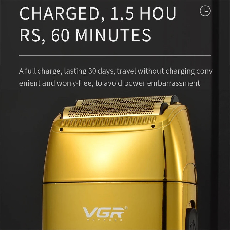 ماشین اصلاح موی صورت وی جی آر (اصل) VGR مدل V-399 با تیغه استیل پیشرفته، تکنولوژی شیو فویلی، باتری لیتیوم یونی 700mAh، استفاده خشک و مرطوب، شارژ سریع 180 دقیقه، عمر باتری 200 دقیقه، مقاوم در برابر آب و سبک