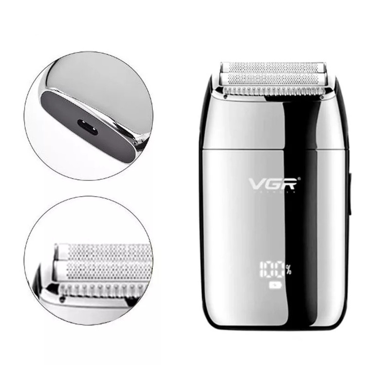 ماشین اصلاح موی صورت وی جی آر (اصل) VGR مدل V-399 با تیغه استیل پیشرفته، تکنولوژی شیو فویلی، باتری لیتیوم یونی 700mAh، استفاده خشک و مرطوب، شارژ سریع 180 دقیقه، عمر باتری 200 دقیقه، مقاوم در برابر آب و سبک