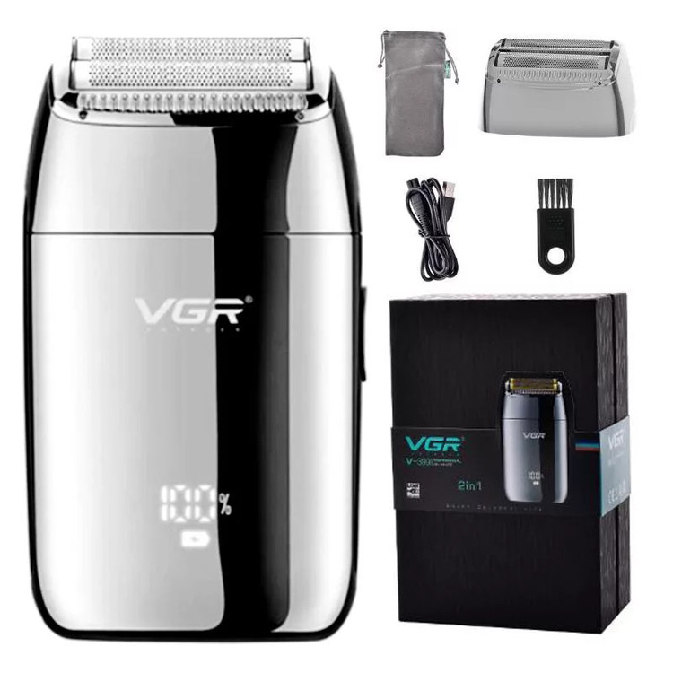 ماشین اصلاح موی صورت وی جی آر (اصل) VGR مدل V-399 با تیغه استیل پیشرفته، تکنولوژی شیو فویلی، باتری لیتیوم یونی 700mAh، استفاده خشک و مرطوب، شارژ سریع 180 دقیقه، عمر باتری 200 دقیقه، مقاوم در برابر آب و سبک