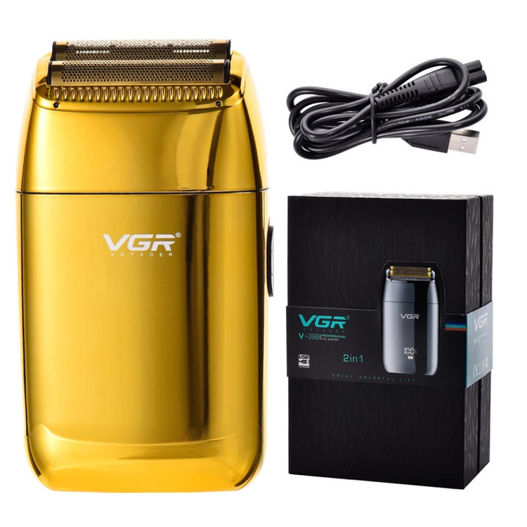 ماشین اصلاح موی صورت وی جی آر (اصل) VGR مدل V-399 با تیغه استیل پیشرفته، تکنولوژی شیو فویلی، باتری لیتیوم یونی 700mAh، استفاده خشک و مرطوب، شارژ سریع 180 دقیقه، عمر باتری 200 دقیقه، مقاوم در برابر آب و سبک
