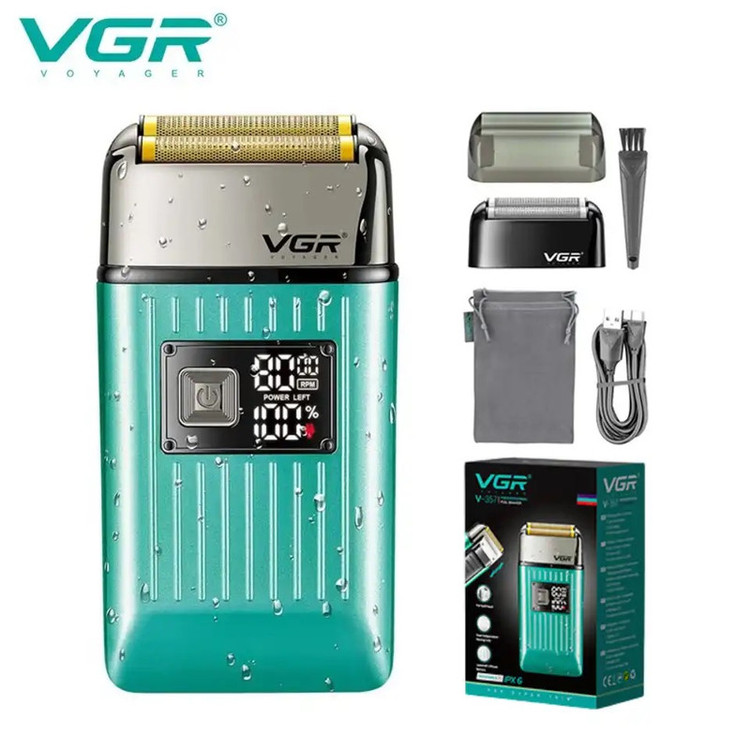 ماشین اصلاح موی سر و صورت وی جی ار (اصل) VGR مدل V-357 فویلی با تیغه تیتانیوم، ضد آب، باتری 600 میلیآمپر ساعت، موتور 6000 دور در دقیقه و شارژ USB