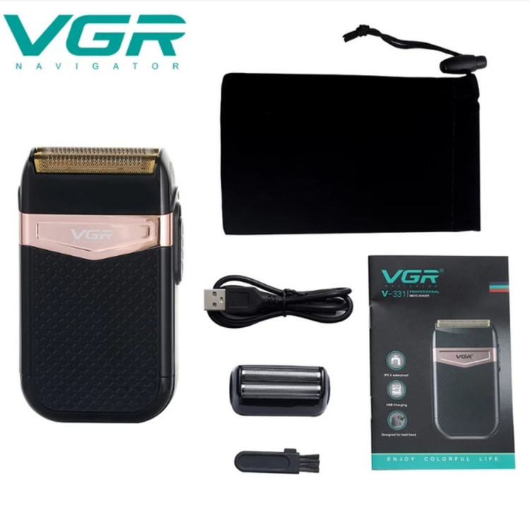 شیور صفرزن ماشین اصلاح موی صورت وی جی ار (اصل) VGR مدل 331 ضدآب با طراحی ارگونومیک، تیغه استیل پیشرفته سهتیغه، شارژ USB و قابلیت استفاده خشک و مرطوب