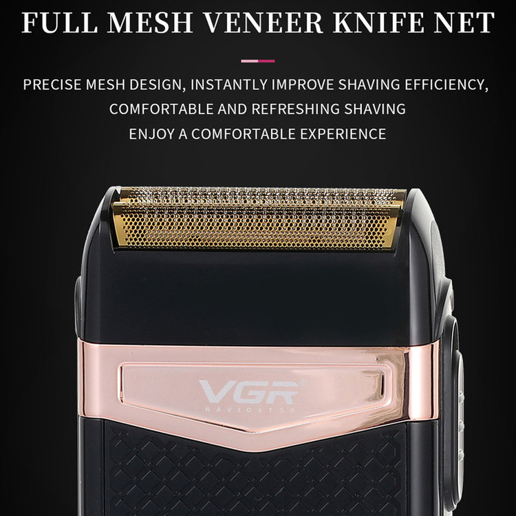 شیور صفرزن ماشین اصلاح موی صورت وی جی ار (اصل) VGR مدل 331 ضدآب با طراحی ارگونومیک، تیغه استیل پیشرفته سهتیغه، شارژ USB و قابلیت استفاده خشک و مرطوب
