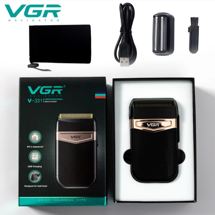 شیور صفرزن ماشین اصلاح موی صورت وی جی ار (اصل) VGR مدل 331 ضدآب با طراحی ارگونومیک، تیغه استیل پیشرفته سهتیغه، شارژ USB و قابلیت استفاده خشک و مرطوب