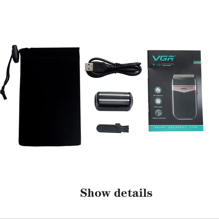 شیور صفرزن ماشین اصلاح موی صورت وی جی ار (اصل) VGR مدل 331 ضدآب با طراحی ارگونومیک، تیغه استیل پیشرفته سهتیغه، شارژ USB و قابلیت استفاده خشک و مرطوب