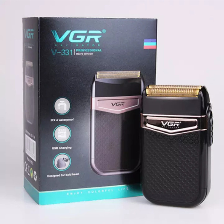 شیور صفرزن ماشین اصلاح موی صورت وی جی ار (اصل) VGR مدل 331 ضدآب با طراحی ارگونومیک، تیغه استیل پیشرفته سهتیغه، شارژ USB و قابلیت استفاده خشک و مرطوب