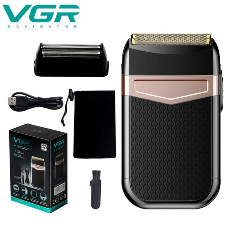 شیور صفرزن ماشین اصلاح موی صورت وی جی ار (اصل) VGR مدل 331 ضدآب با طراحی ارگونومیک، تیغه استیل پیشرفته سهتیغه، شارژ USB و قابلیت استفاده خشک و مرطوب