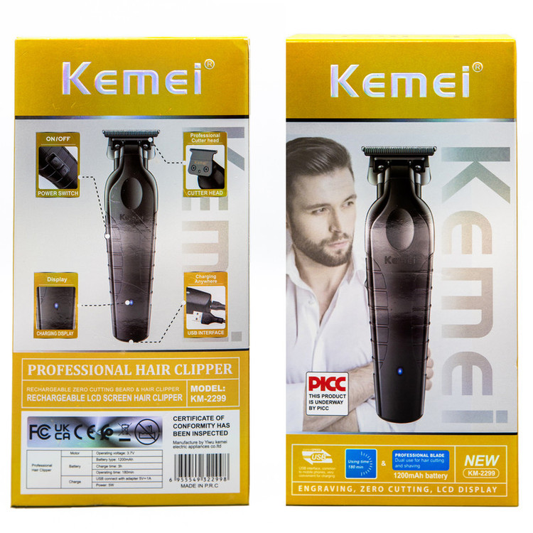 ماشین اصلاح موی صورت کیمی مدل KM-2299 با تیغه کربن استیل، باتری 1200 میلیآمپر ساعت، شارژ سریع 3 ساعته با USB Type-C، طراحی ارگونومیک و 3 شانه تنظیم طول مو