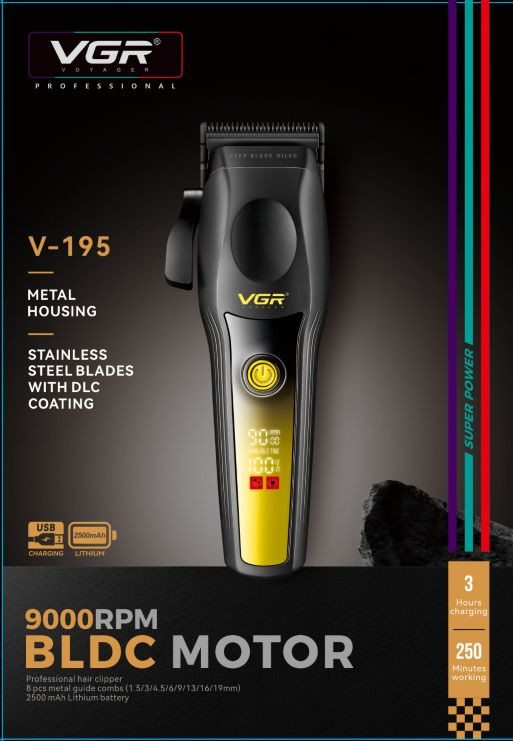 پک کامل و ارجینال ماشین اصلاح موی سر و صورت وی جی ار مدل V-195 با تیغه کربن استیل و استیل پیشرفته، باتری قابل شارژ، 8 شانه قابل تنظیم، برش مستقیم، مناسب استفاده حرفهای و آرایشگاهی