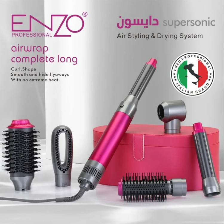 سشوار برسدار حالتدهنده انزو پروفیشینال (اصل) مدل EN-4133 با توان 1500 وات، تنظیمات دما و سرعت سه حالته، دارای 6 سری برای صافکنندگی، حجمدهندگی و فرکنندگی، وزن 1200 گرم، همراه با کیف نگهدارنده