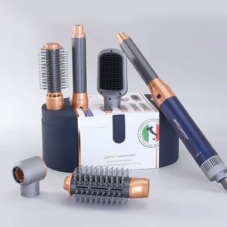 سشوار برسدار حالتدهنده انزو پروفیشینال (اصل) مدل EN-4133 با توان 1500 وات، تنظیمات دما و سرعت سه حالته، دارای 6 سری برای صافکنندگی، حجمدهندگی و فرکنندگی، وزن 1200 گرم، همراه با کیف نگهدارنده