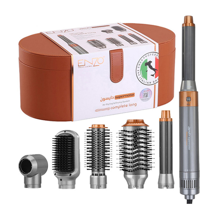 سشوار برسدار حالتدهنده انزو پروفیشینال (اصل) مدل EN-4133 با توان 1500 وات، تنظیمات دما و سرعت سه حالته، دارای 6 سری برای صافکنندگی، حجمدهندگی و فرکنندگی، وزن 1200 گرم، همراه با کیف نگهدارنده