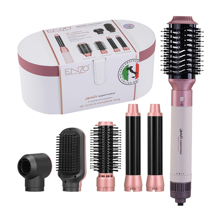 سشوار برسدار حالتدهنده انزو پروفیشینال (اصل) مدل EN-4133 با توان 1500 وات، تنظیمات دما و سرعت سه حالته، دارای 6 سری برای صافکنندگی، حجمدهندگی و فرکنندگی، وزن 1200 گرم، همراه با کیف نگهدارنده