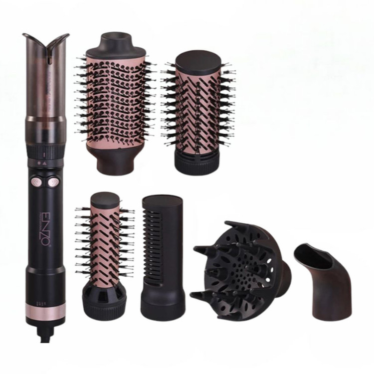 سشوار برسدار چرخشی انزو پروفیشینال مدل EN-760 7in1 با توان 1500 وات، موتور DC براشلس، تنظیمات دما و سرعت دو حالته، تکنولوژی آیونیک، سریهای متنوع و کیف نگهدارنده، مناسب استفاده خانگی و حرفهای