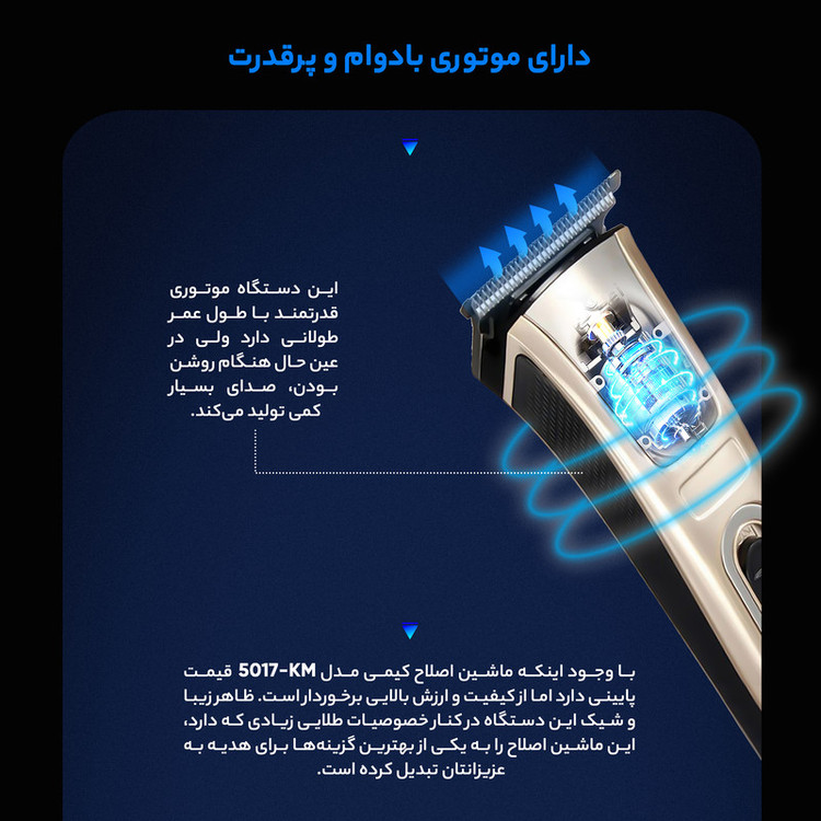 ماشین اصلاح خط زن سر و صورت کیمی مدل KM-5017 با تیغه استیل ضد زنگ، 4 شانه قابل تنظیم، طراحی ارگونومیک، باتری 600 میلیآمپر ساعت با شارژ USB و قابلیت شستوشو