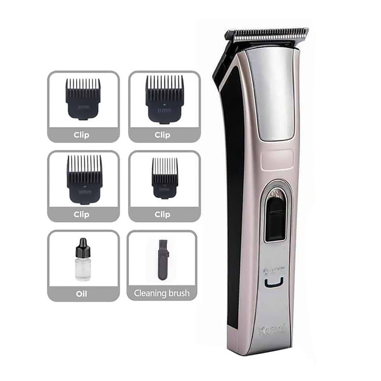 ماشین اصلاح خط زن سر و صورت کیمی مدل KM-5017 با تیغه استیل ضد زنگ، 4 شانه قابل تنظیم، طراحی ارگونومیک، باتری 600 میلیآمپر ساعت با شارژ USB و قابلیت شستوشو