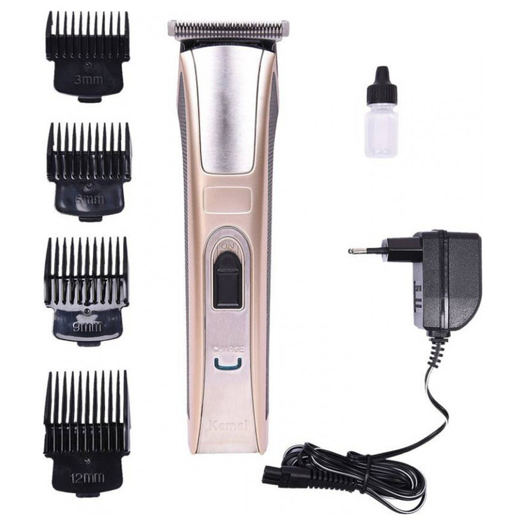 ماشین اصلاح خط زن سر و صورت کیمی مدل KM-5017 با تیغه استیل ضد زنگ، 4 شانه قابل تنظیم، طراحی ارگونومیک، باتری 600 میلیآمپر ساعت با شارژ USB و قابلیت شستوشو
