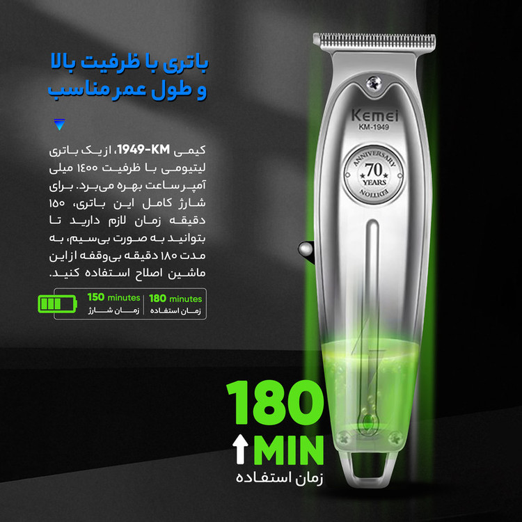 ماشین اصلاح موی صورت و بدن کیمی مدل KM-1949 با پک کامل و اصلی و با تیغههای 3تایی تیتانیوم، سرعت موتور 6900 دور در دقیقه، باتری 1400 میلیآمپر ساعت، شارژ USB Type-C، طراحی ارگونومیک و قابلیت تنظیم سرعت و طول اصلاح