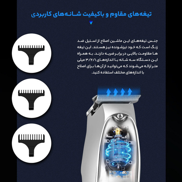 ماشین اصلاح موی صورت و بدن کیمی مدل KM-1949 با پک کامل و اصلی و با تیغههای 3تایی تیتانیوم، سرعت موتور 6900 دور در دقیقه، باتری 1400 میلیآمپر ساعت، شارژ USB Type-C، طراحی ارگونومیک و قابلیت تنظیم سرعت و طول اصلاح