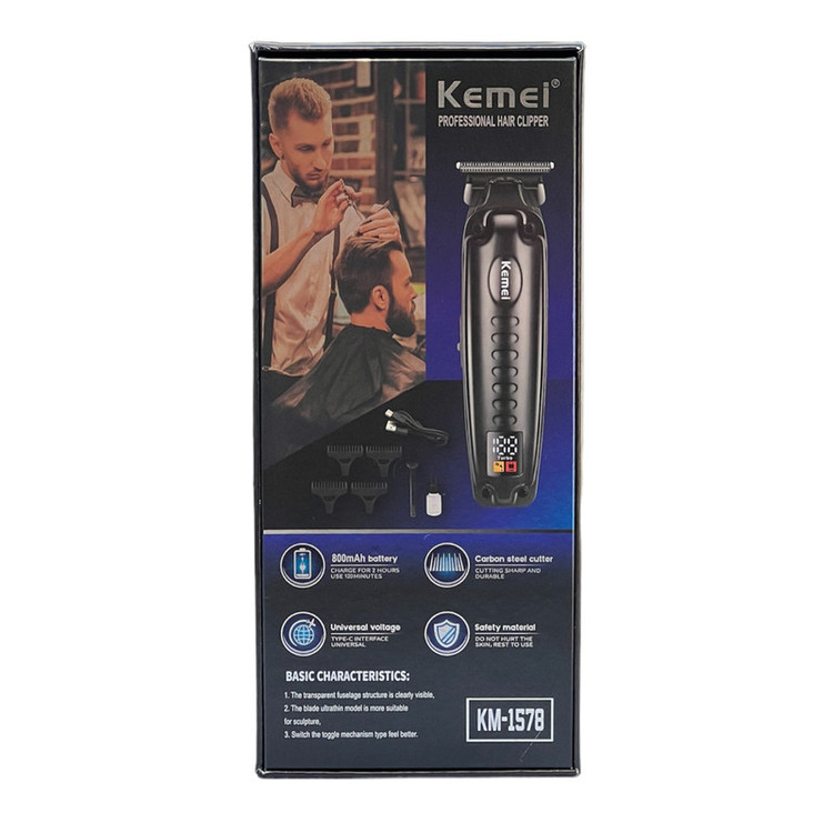 ماشین اصلاح موی صورت کیمی پک کامل و اصلی مدل KM-1578 با تیغه کربن استیل خودتیز شونده، قابلیت تنظیم سرعت، شانه قابل تنظیم، باتری 800 میلیآمپر، شارژ با کابل USB، نمایشگر LED و تکنولوژی برش مستقیم