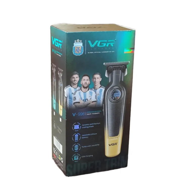 ماشین اصلاح موی سر و صورت شارژی وی جی ار پک کامل و اصلی مدل V-996 با تیغه سرامیک و تیتانیوم پیشرفته، باتری لیتیوم یون 2000 میلیآمپر، سرعت موتور 7000 دور در دقیقه، طراحی ارگونومیک، قابلیت اصلاح خشک و مرطوب، نمایشگر وضعیت باتری و اصلاح با شماره صفر