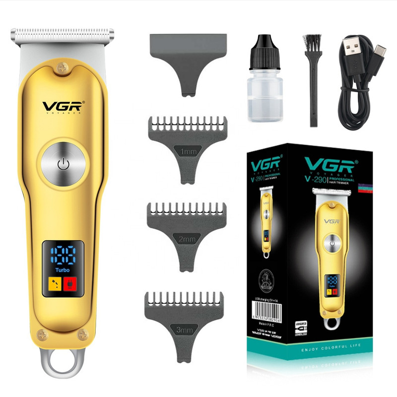 ماشین اصلاح موی سر و صورت وی جی ار پک کامل و اصلی مدل V-290 با تیغه استیل ضد زنگ، نمایشگر دیجیتال، قابلیت دو سرعته، منبع تغذیه برق و شارژ، سه شانه اصلاح 1 تا 3 میلی‌متر، مدت زمان استفاده 120 دقیقه و شارژ 90 دقیقه